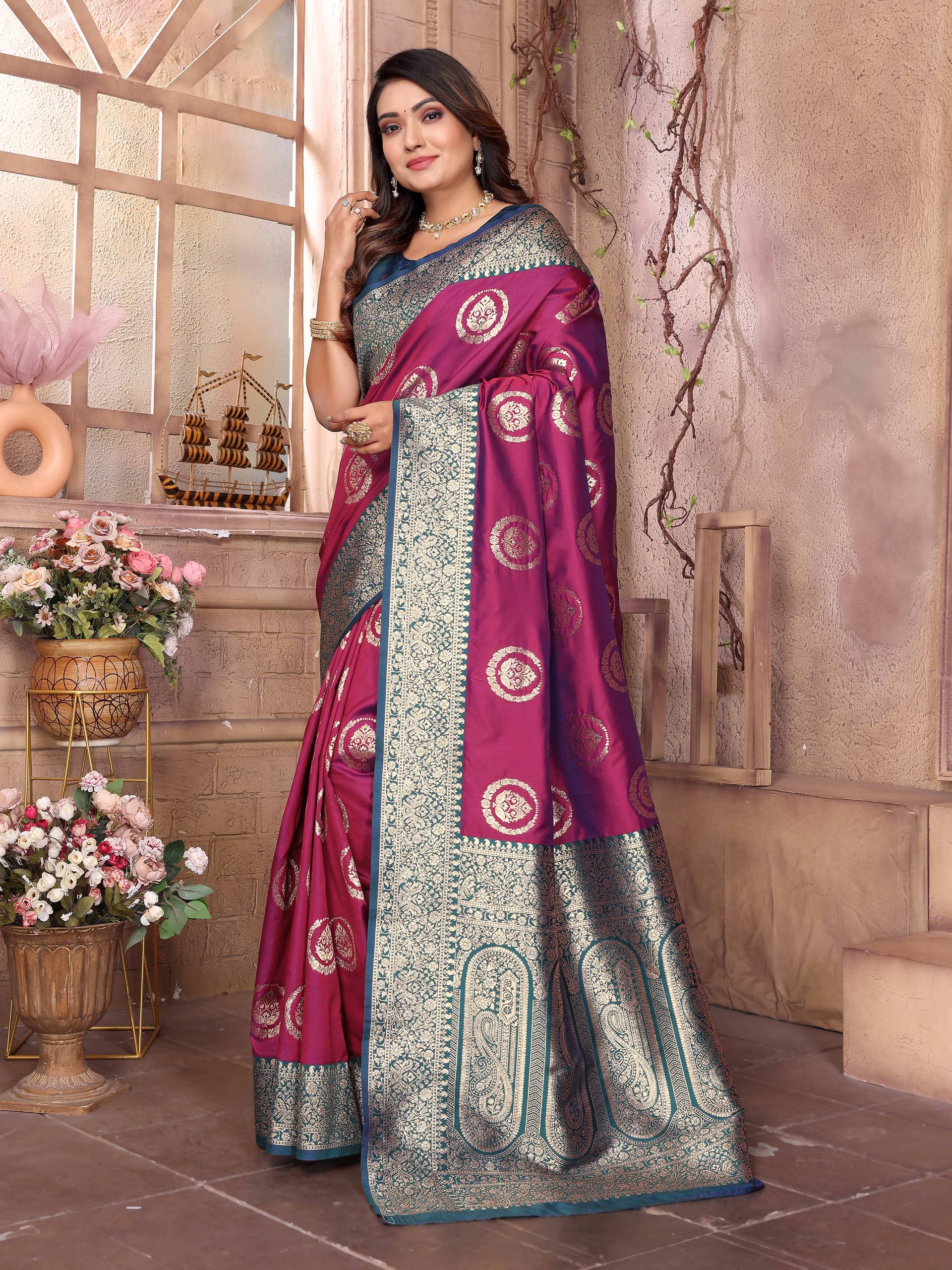 Sonakshi Women's Wine Banarasi Silk Zari Weaving Saree with Blouse | Swadesiicart