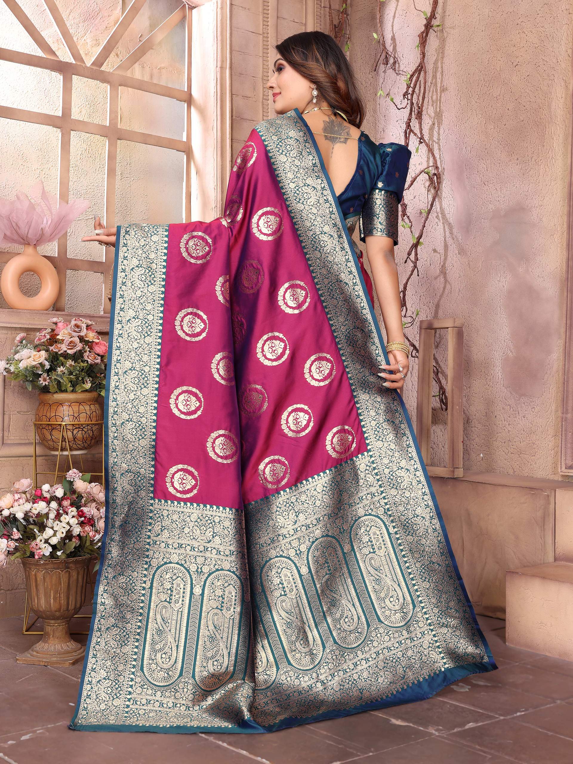 Sonakshi Women's Wine Banarasi Silk Zari Weaving Saree with Blouse | Swadesiicart