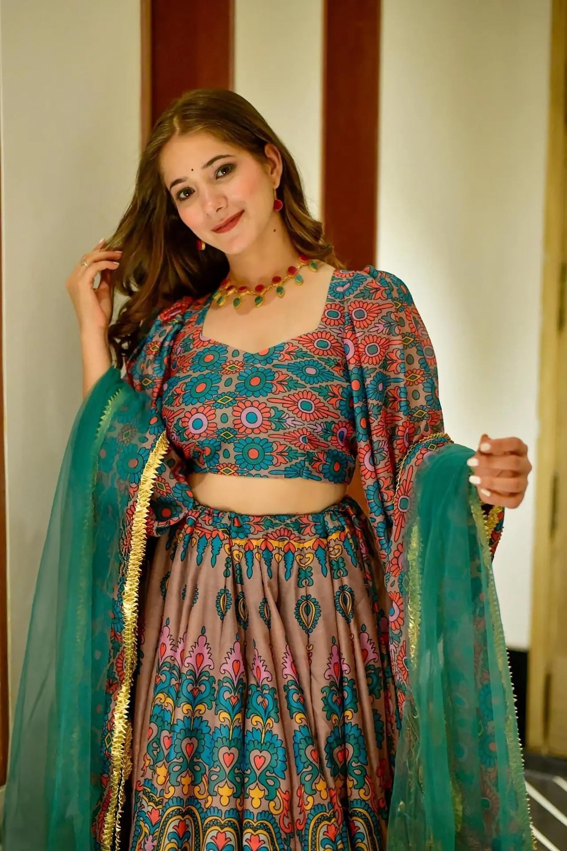 Sonakshi Women's Feroji Silk Digital Printed Lehenga Choli Set