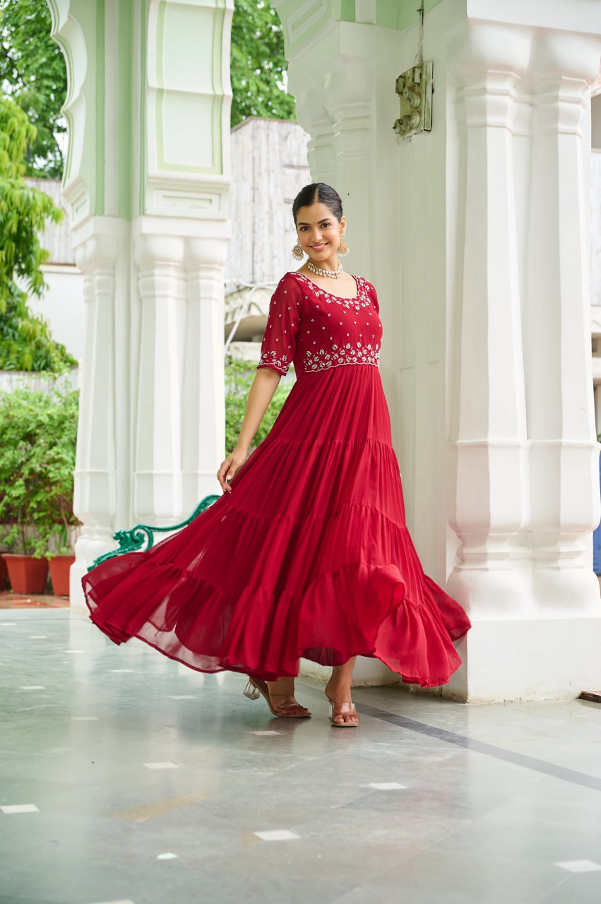 Sonakshi Women's Maroon Faux Blooming Beads Embroidered Work Anarkali Gown Set