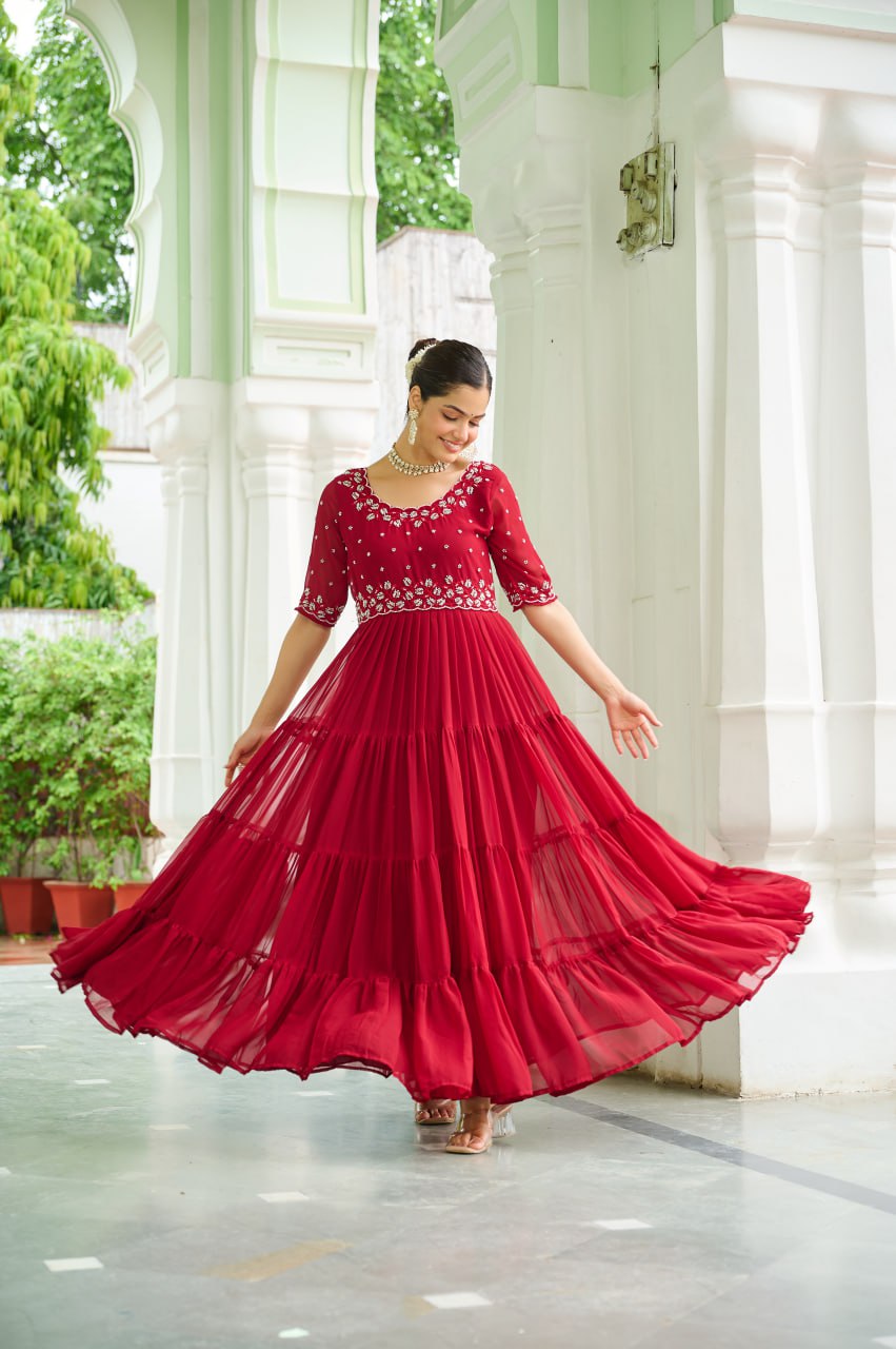 Sonakshi Women's Maroon Faux Blooming Beads Embroidered Work Anarkali Gown Set