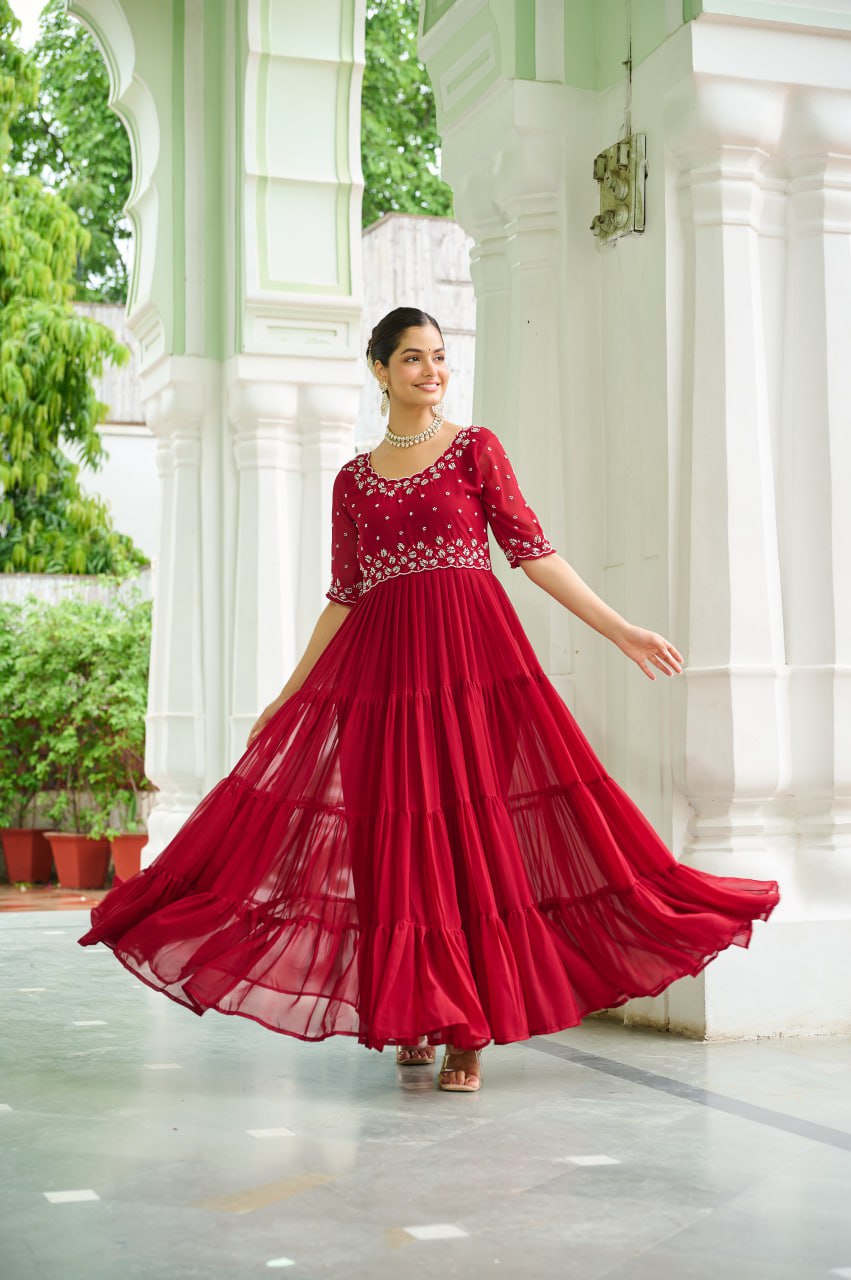 Sonakshi Women's Maroon Faux Blooming Beads Embroidered Work Anarkali Gown Set