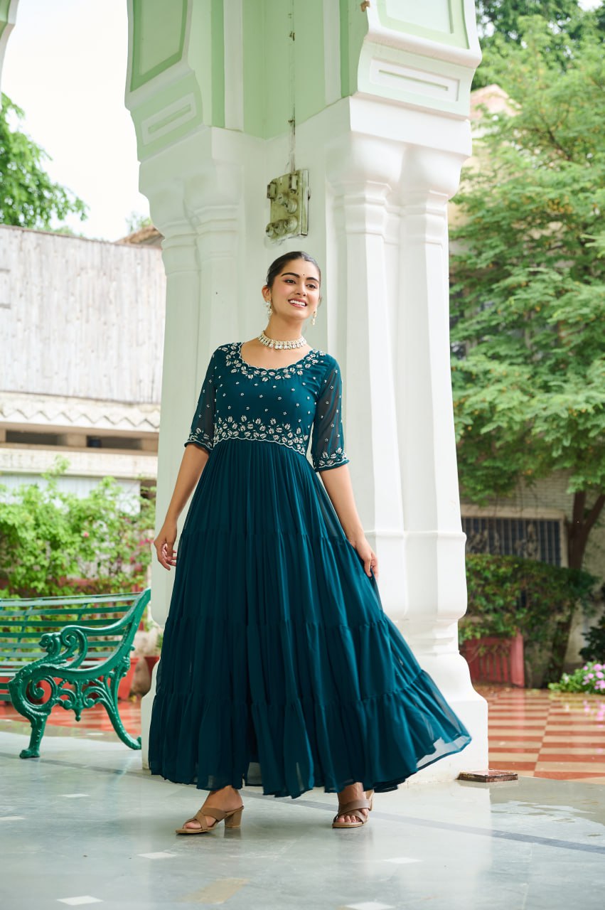 Sonakshi Women's Rama Faux Blooming Beads Embroidered Work Anarkali Gown Set