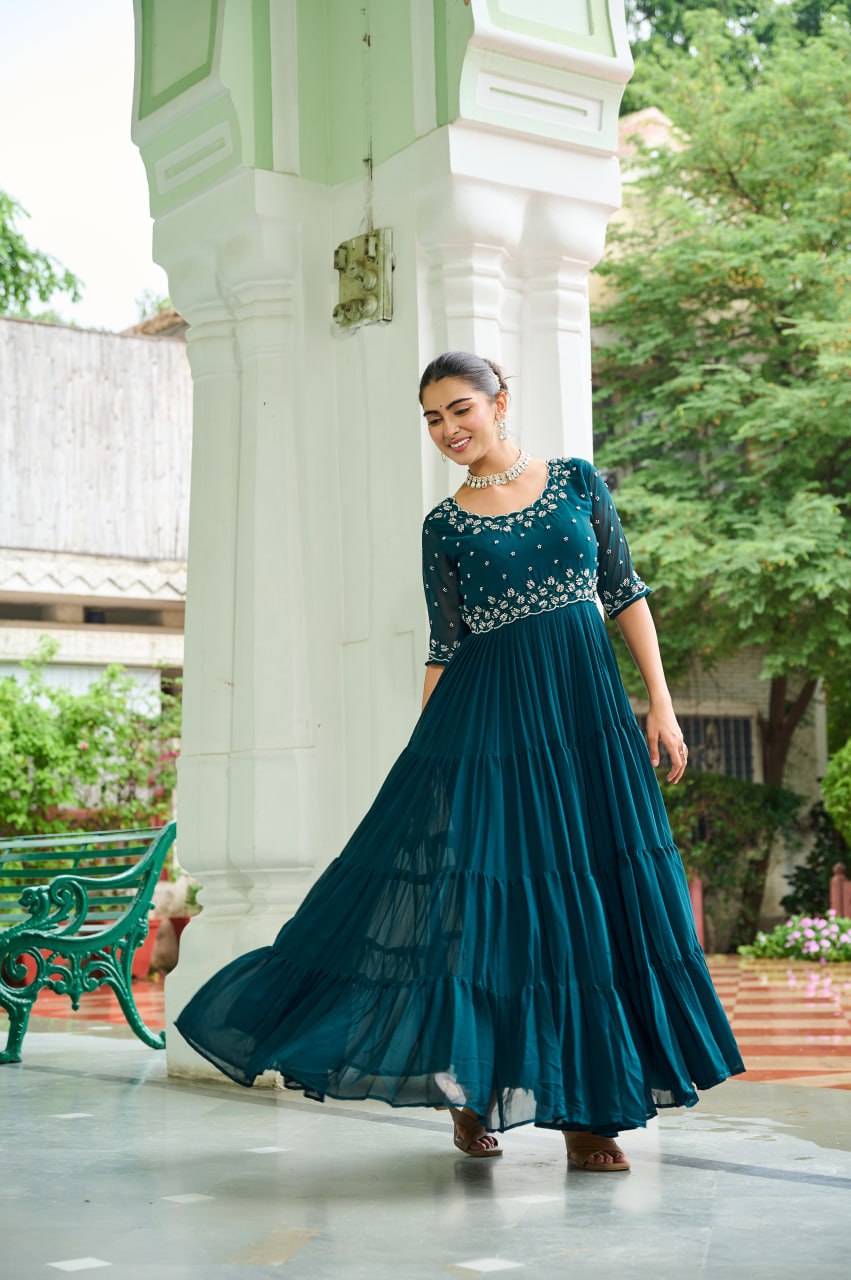 Sonakshi Women's Rama Faux Blooming Beads Embroidered Work Anarkali Gown Set