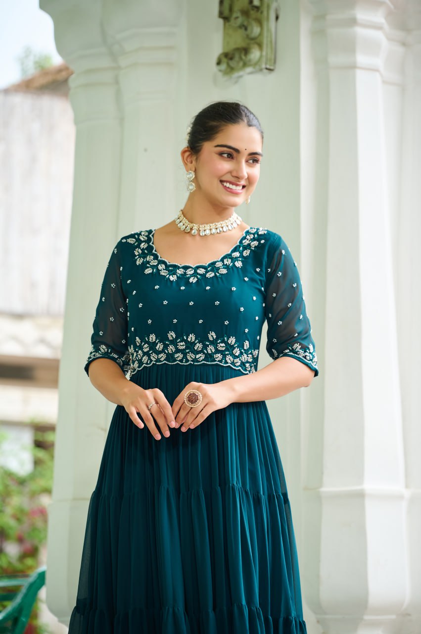 Sonakshi Women's Rama Faux Blooming Beads Embroidered Work Anarkali Gown Set