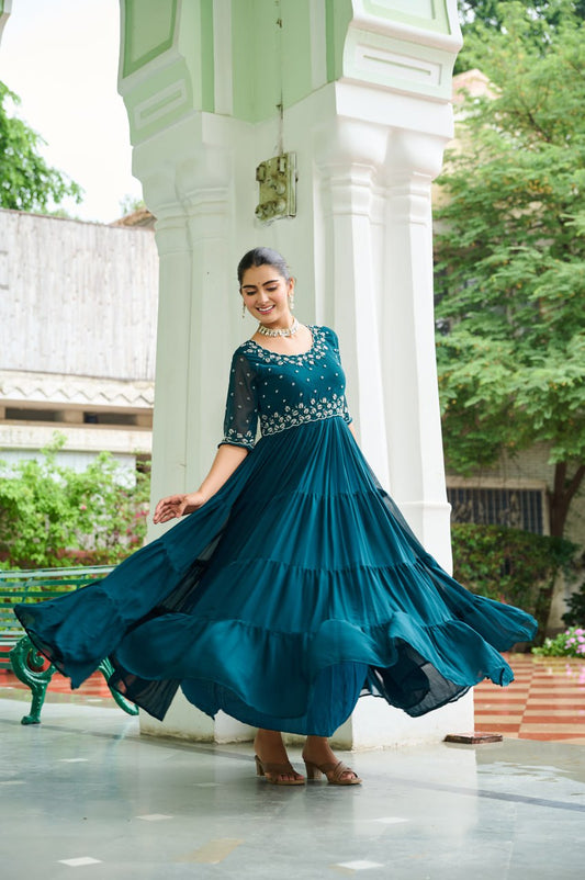 Sonakshi Women's Rama Faux Blooming Beads Embroidered Work Anarkali Gown Set