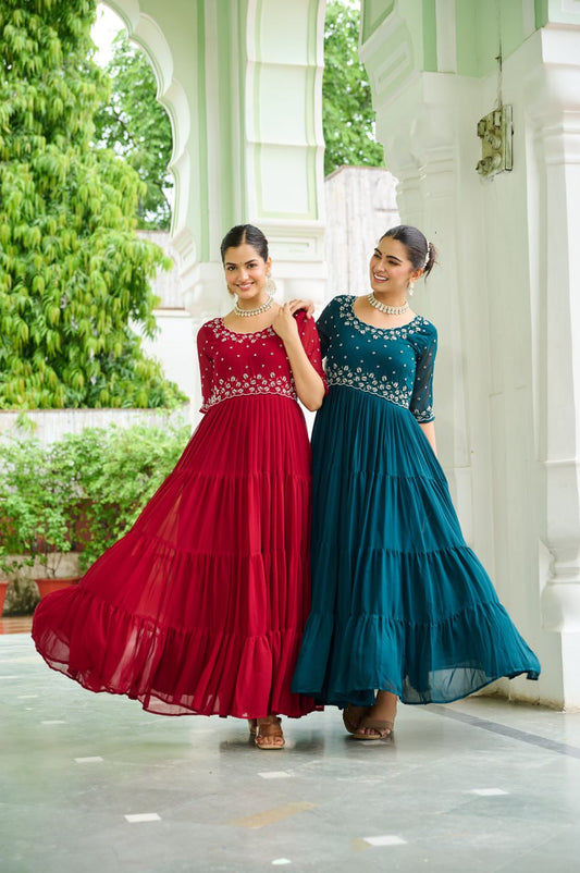 Sonakshi Women's Rama & Maroon Faux Blooming Beads Embroidered Work Anarkali Gown Set