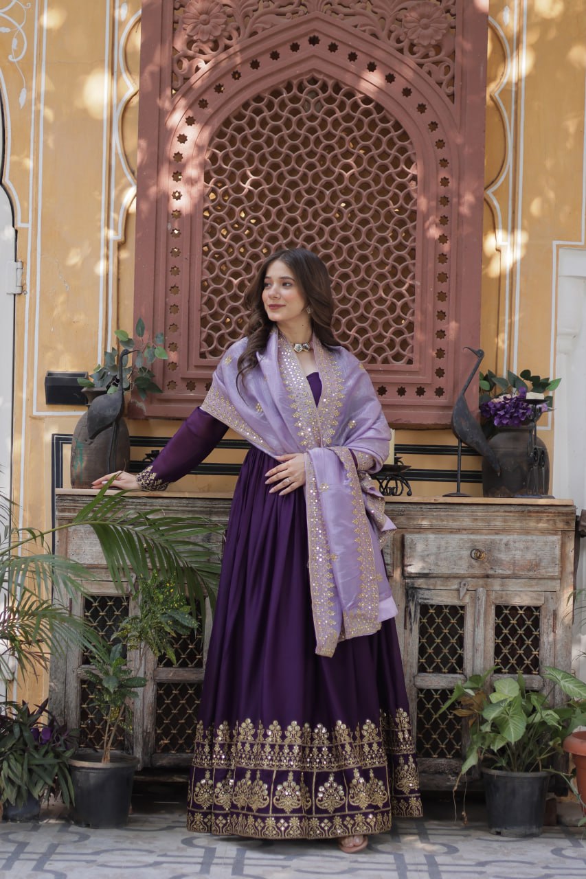 Sonakshi Women's Wine Star Georgette Embroidered Zari Sequence Work Anarkali Gown Set With Dupatta