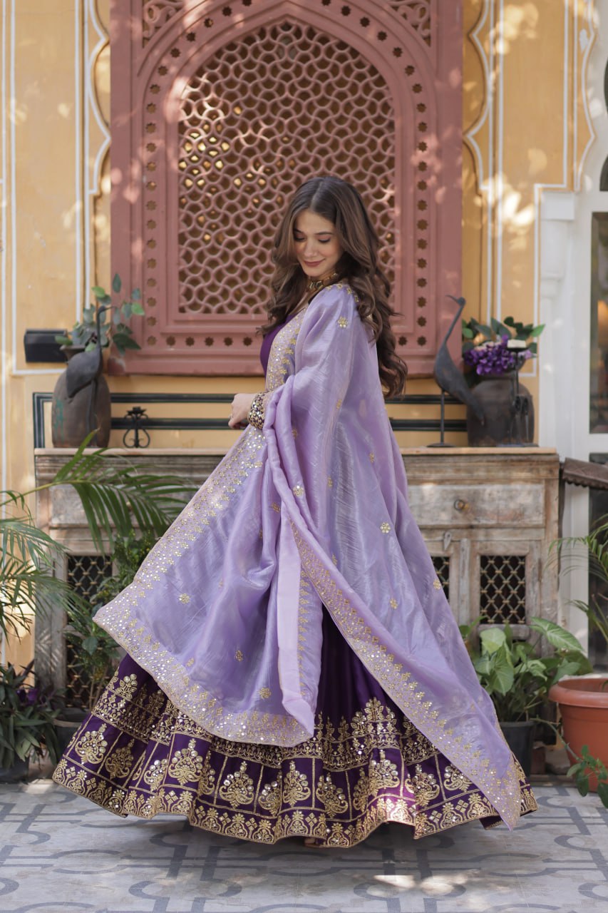 Sonakshi Women's Wine Star Georgette Embroidered Zari Sequence Work Anarkali Gown Set With Dupatta