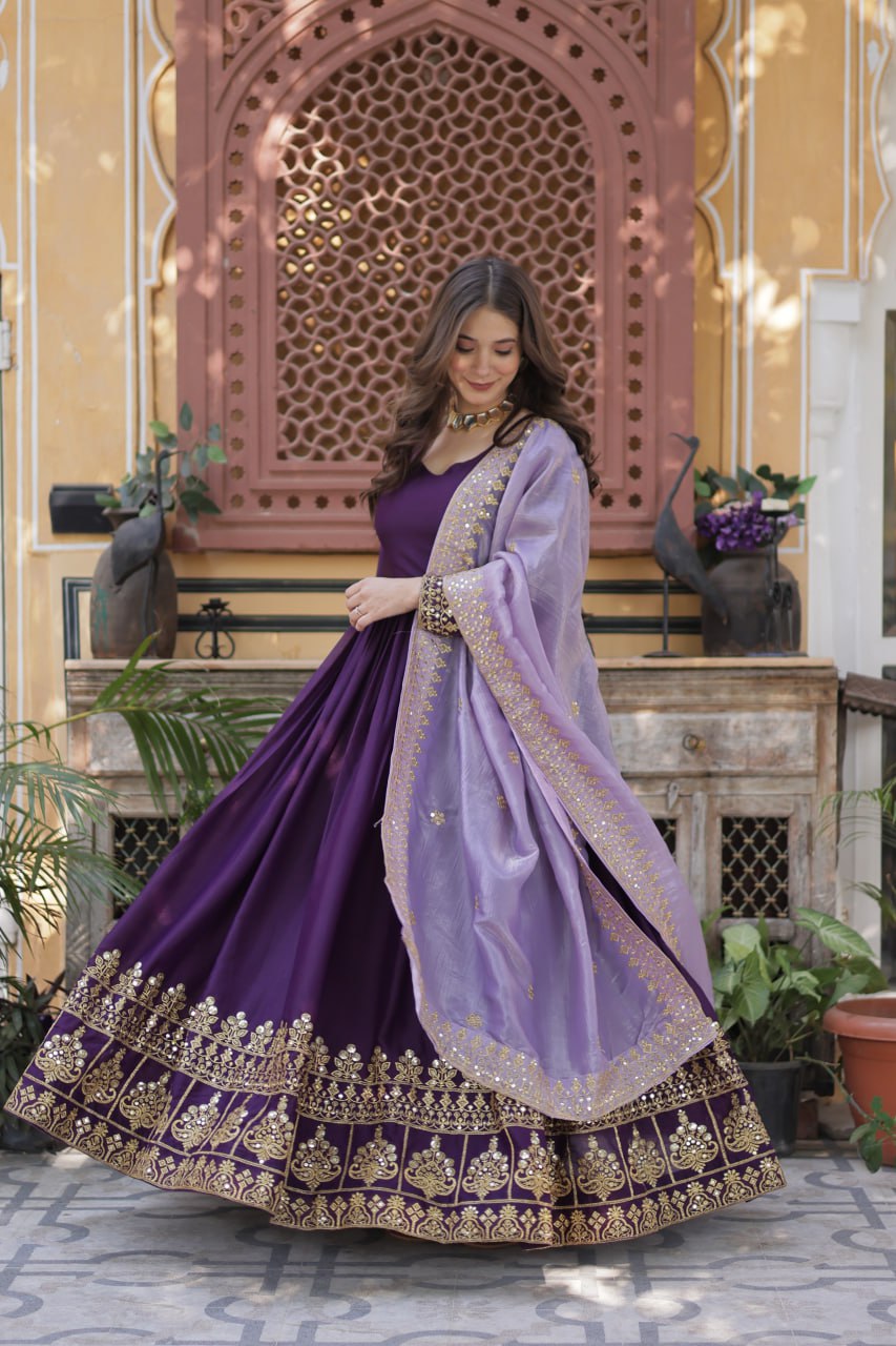 Sonakshi Women's Wine Star Georgette Embroidered Zari Sequence Work Anarkali Gown Set With Dupatta