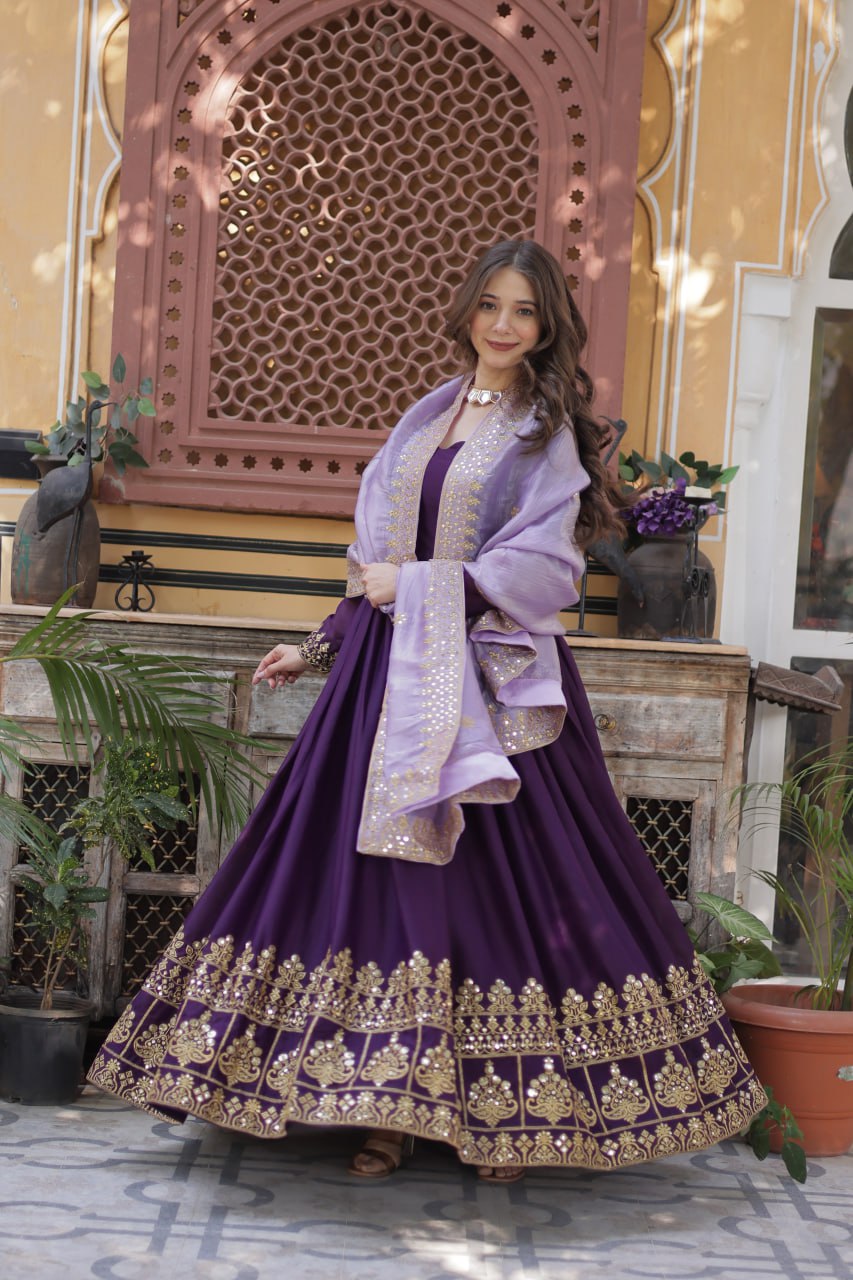 Sonakshi Women's Wine Star Georgette Embroidered Zari Sequence Work Anarkali Gown Set With Dupatta