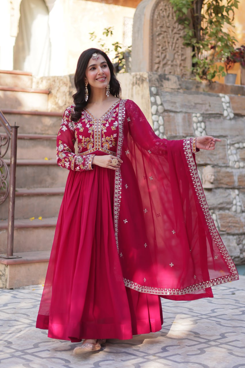 Sonakshi Women's Maroon Faux Blooming Embroidered Zari Sequence Work Anarkali Gown Set With Dupatta