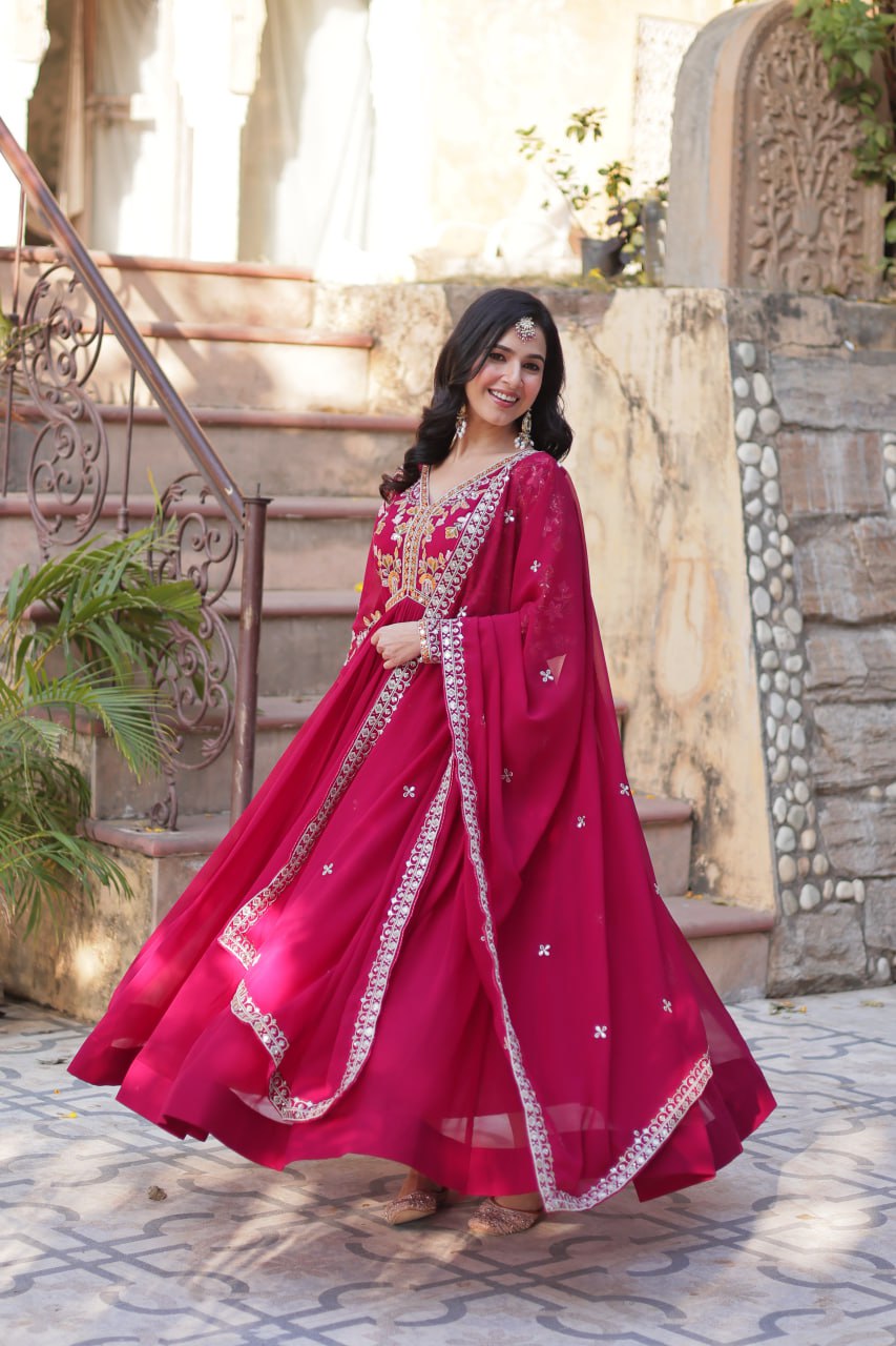 Sonakshi Women's Maroon Faux Blooming Embroidered Zari Sequence Work Anarkali Gown Set With Dupatta
