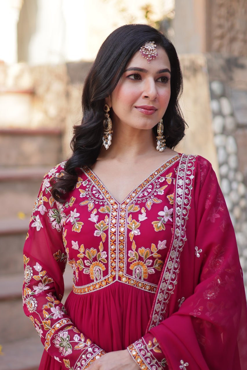 Sonakshi Women's Maroon Faux Blooming Embroidered Zari Sequence Work Anarkali Gown Set With Dupatta