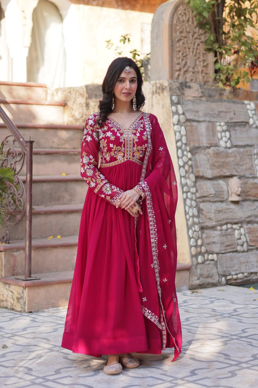 Sonakshi Women's Maroon Faux Blooming Embroidered Zari Sequence Work Anarkali Gown Set With Dupatta