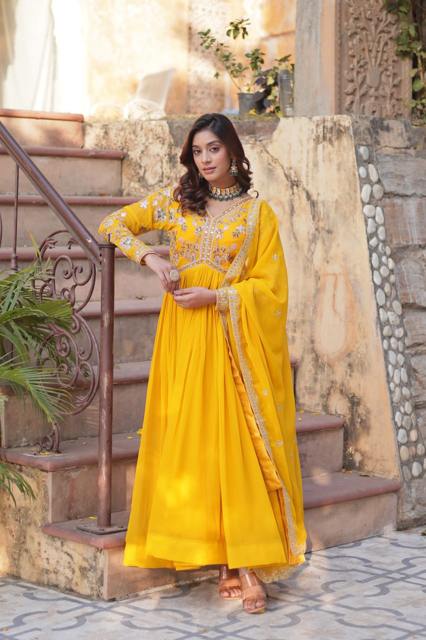 Sonakshi Women's Gold Faux Blooming Embroidered Zari Sequence Work Anarkali Gown Set With Dupatta