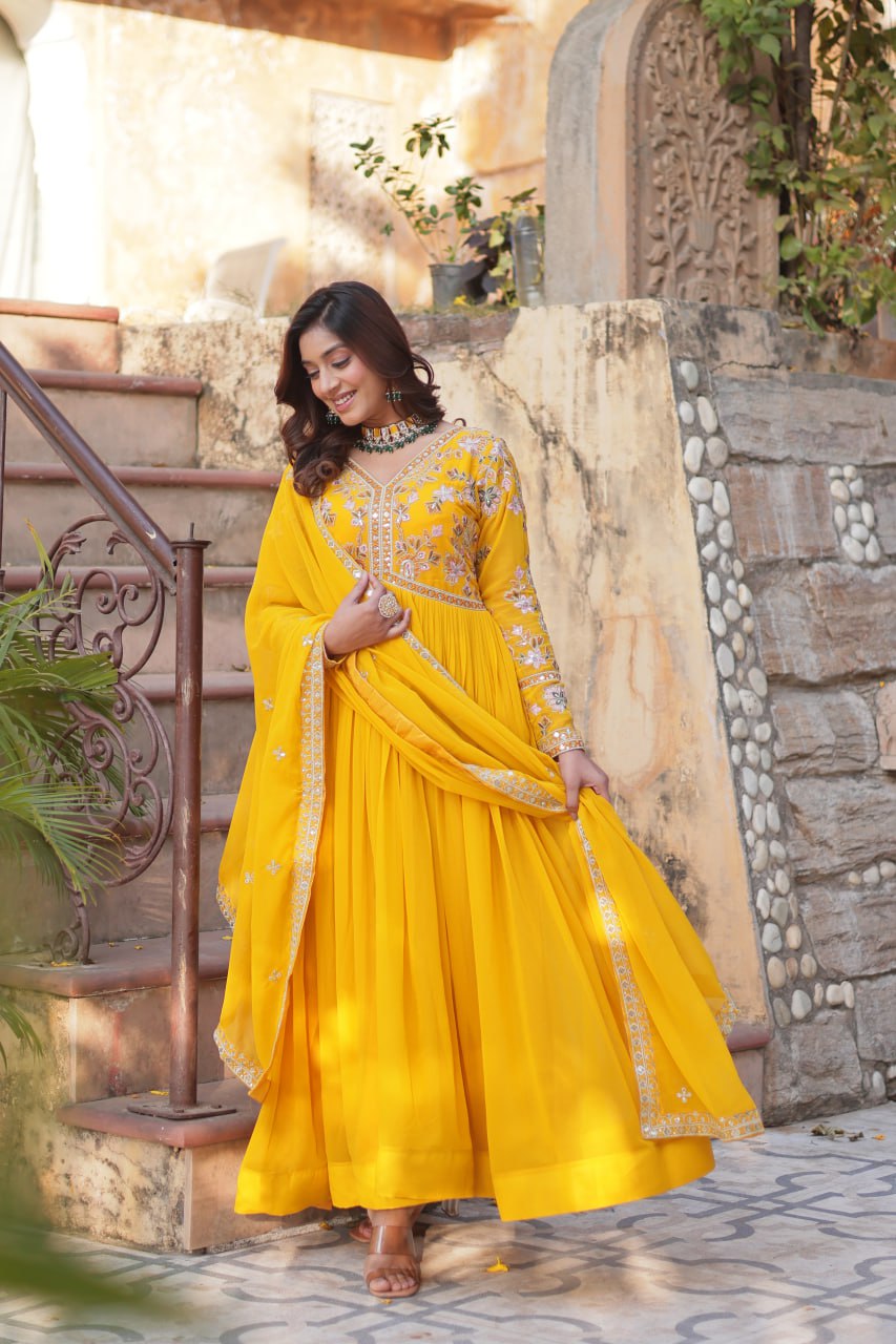 Sonakshi Women's Gold Faux Blooming Embroidered Zari Sequence Work Anarkali Gown Set With Dupatta