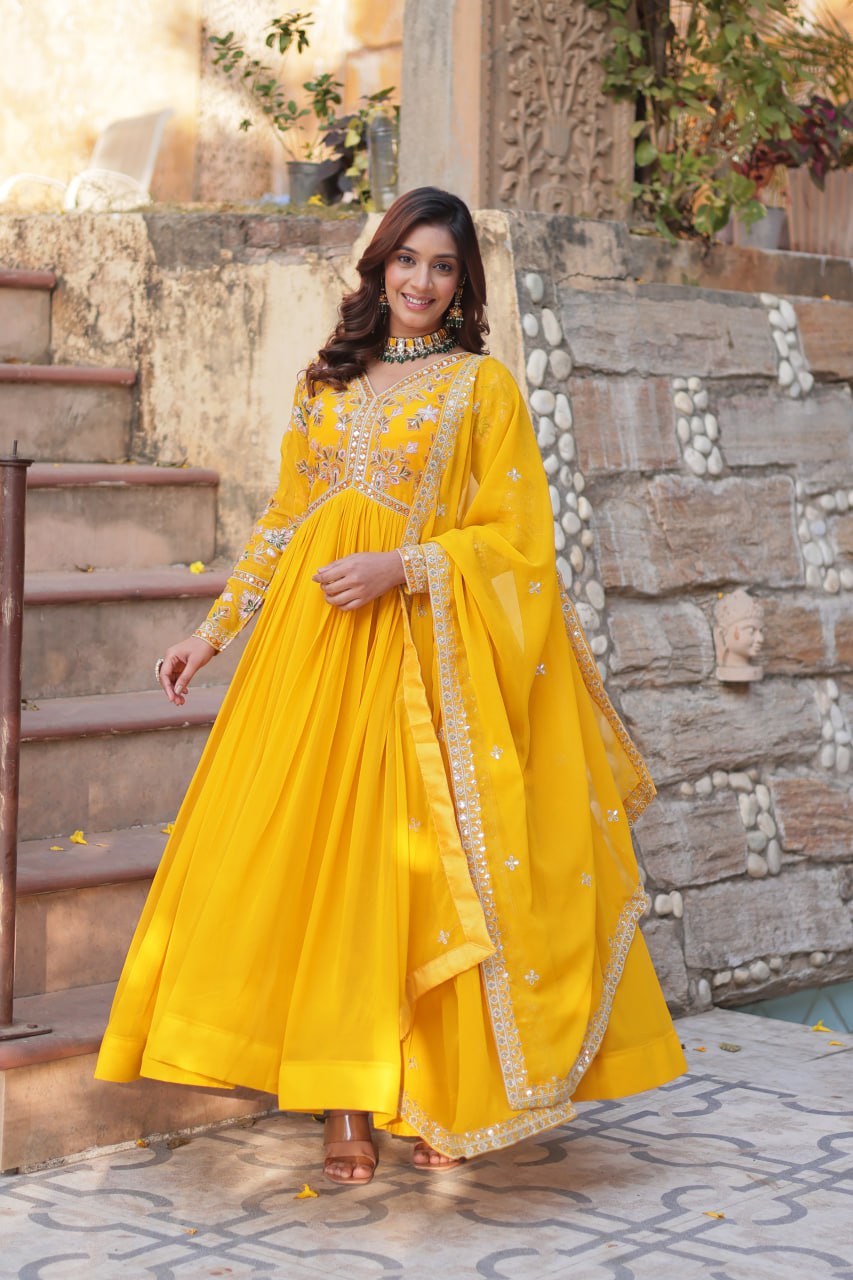Sonakshi Women's Gold Faux Blooming Embroidered Zari Sequence Work Anarkali Gown Set With Dupatta