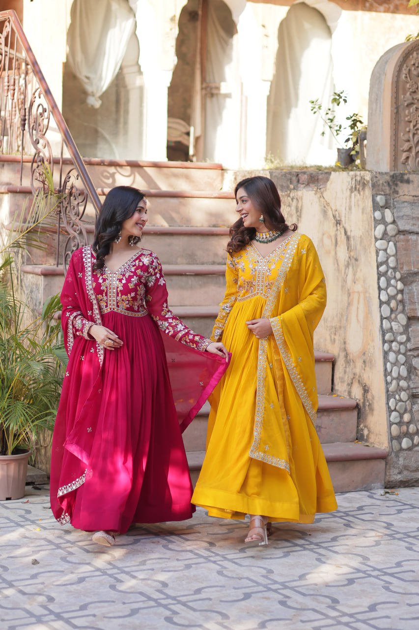 Sonakshi Women's Maroon & Gold Faux Blooming Embroidered Zari Sequence Work Anarkali Gown Set With Dupatta
