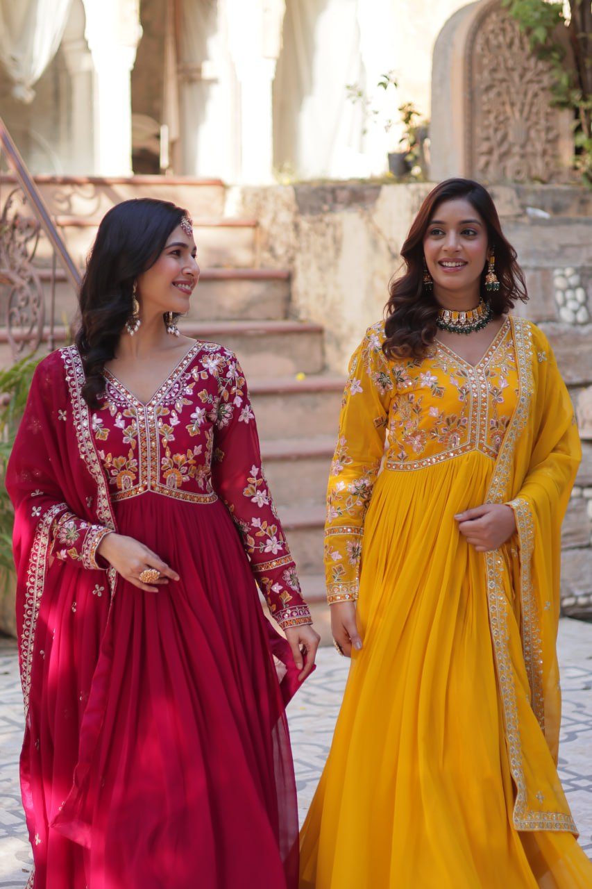 Sonakshi Women's Maroon & Gold Faux Blooming Embroidered Zari Sequence Work Anarkali Gown Set With Dupatta