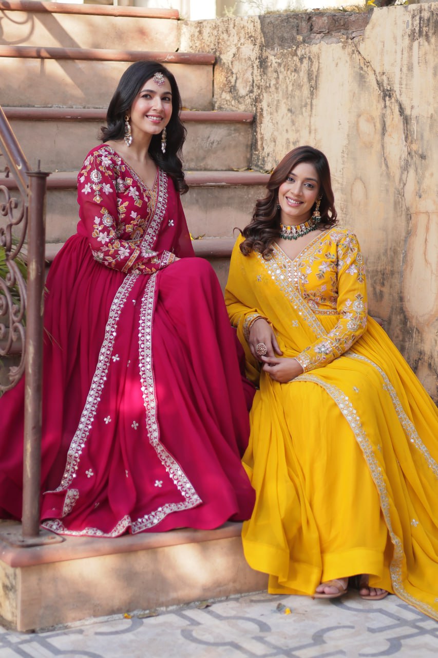 Sonakshi Women's Maroon & Gold Faux Blooming Embroidered Zari Sequence Work Anarkali Gown Set With Dupatta