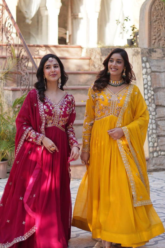 Sonakshi Women's Maroon & Gold Faux Blooming Embroidered Zari Sequence Work Anarkali Gown Set With Dupatta