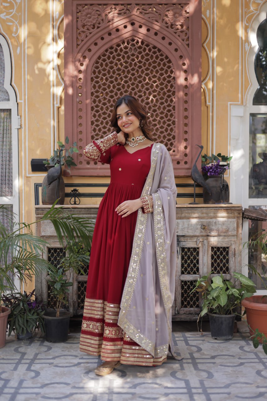 Sonakshi Women's Maroon Faux Blooming Embroidered Zari Sequence Work Anarkali Gown Set With Dupatta