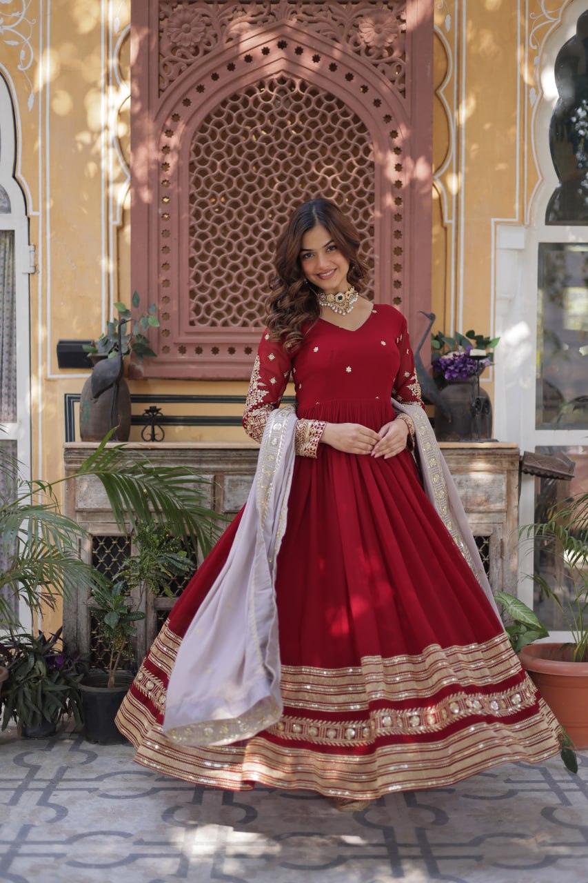 Sonakshi Women's Maroon Faux Blooming Embroidered Zari Sequence Work Anarkali Gown Set With Dupatta