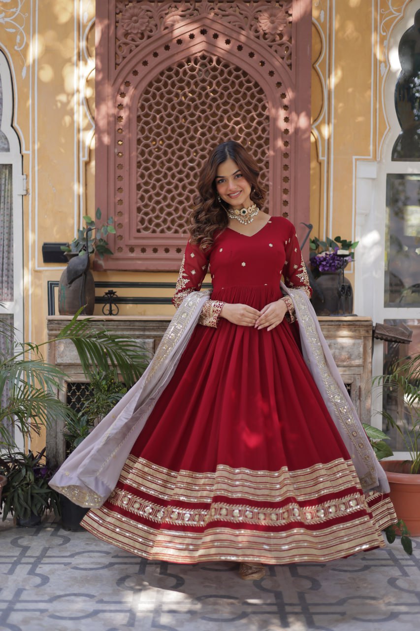 Sonakshi Women's Maroon Faux Blooming Embroidered Zari Sequence Work Anarkali Gown Set With Dupatta