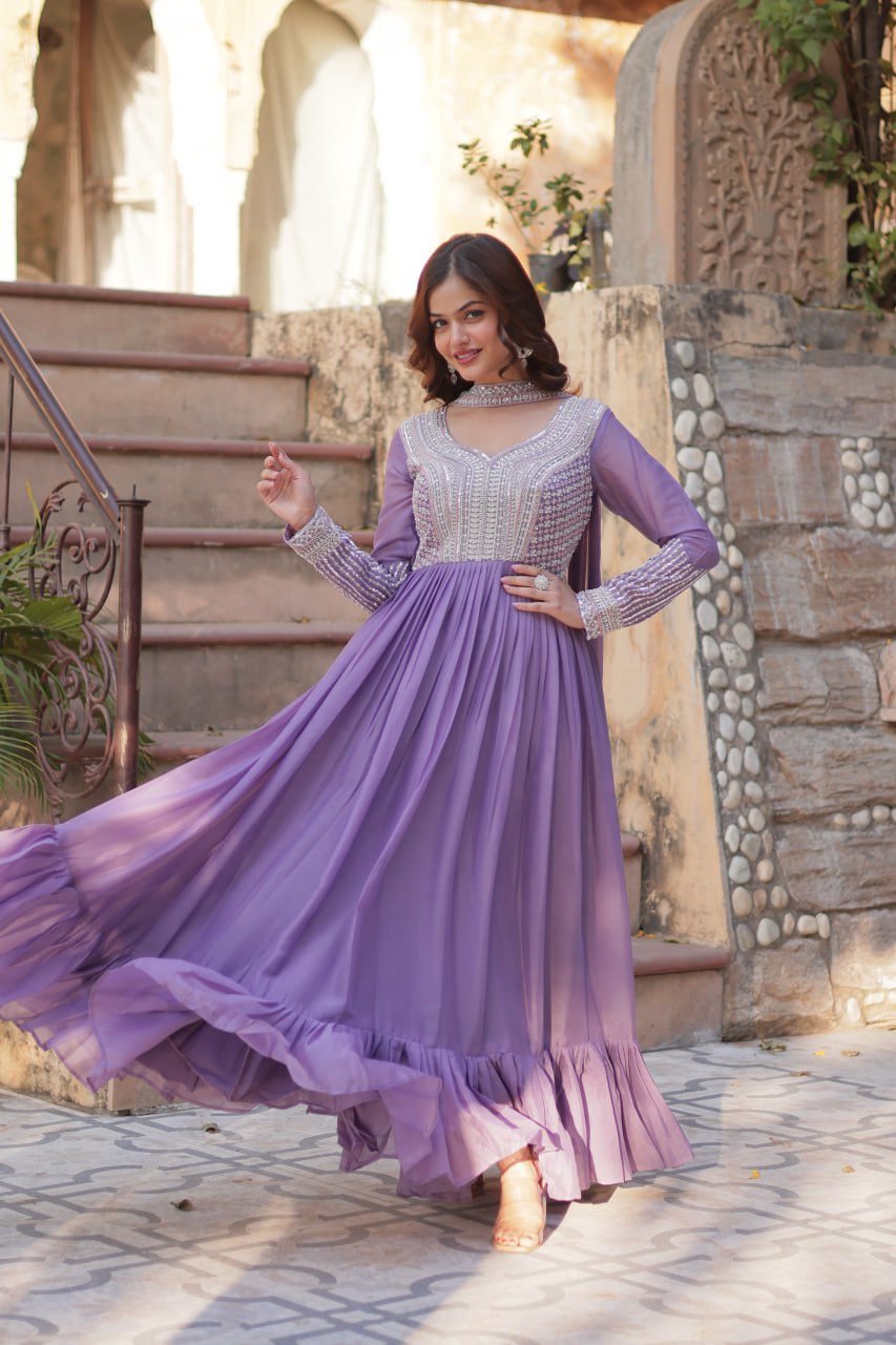 Sonakshi Women's Lavender Star Georgette Embroidered Beads Sequins Work Anarkali Gown Set With Dupatta