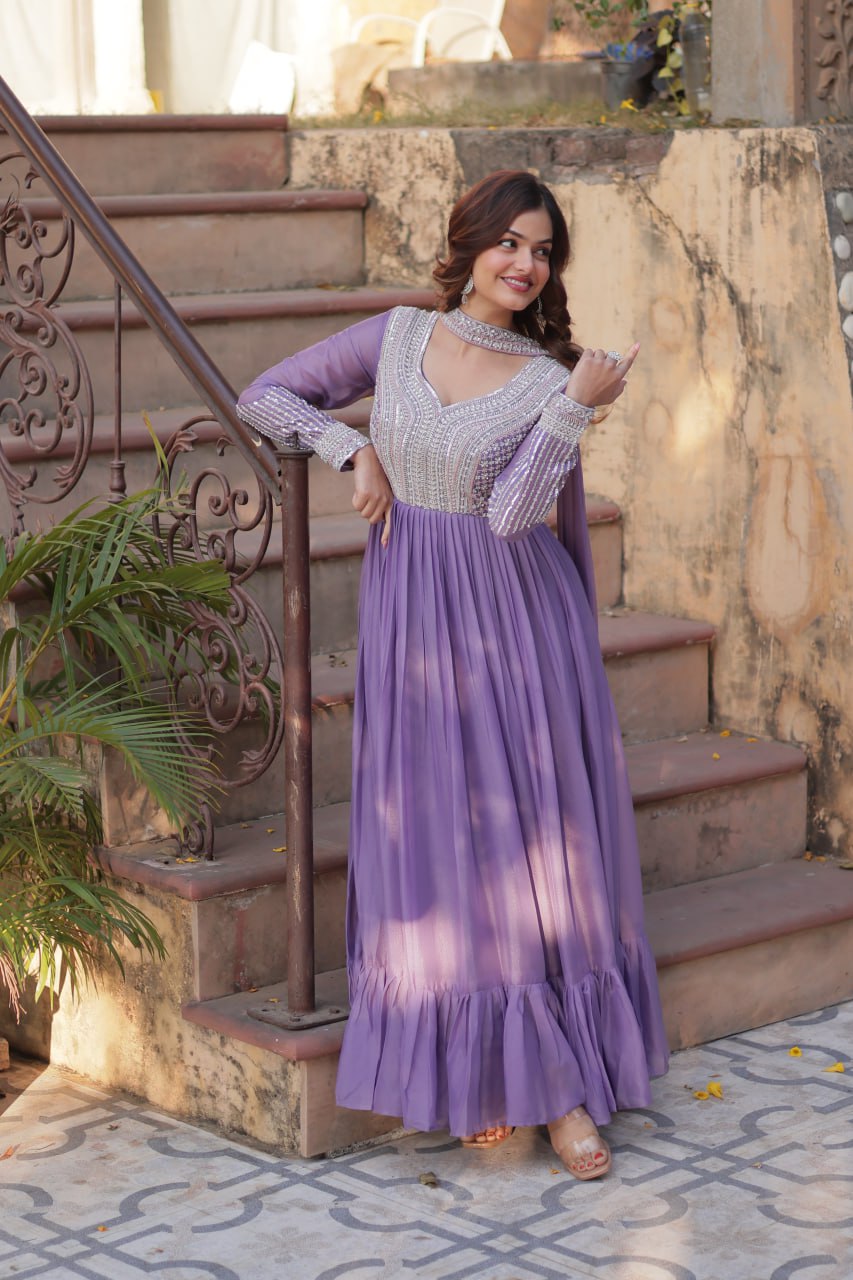 Sonakshi Women's Lavender Star Georgette Embroidered Beads Sequins Work Anarkali Gown Set With Dupatta