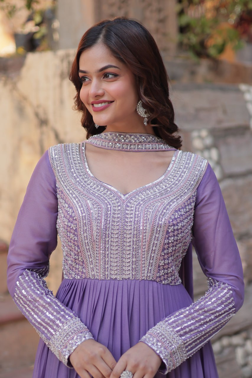 Sonakshi Women's Lavender Star Georgette Embroidered Beads Sequins Work Anarkali Gown Set With Dupatta