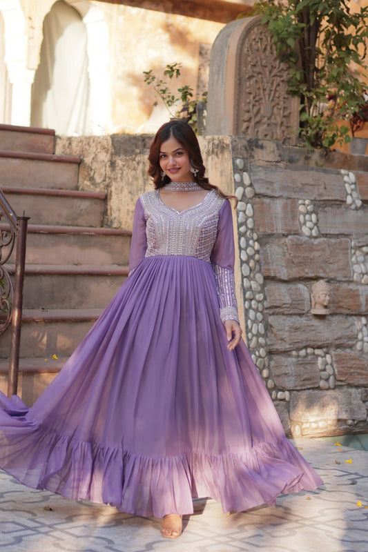 Sonakshi Women's Lavender Star Georgette Embroidered Beads Sequins Work Anarkali Gown Set With Dupatta