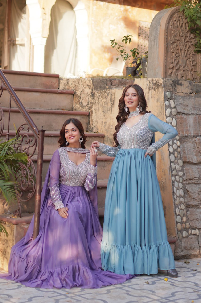 Sonakshi Women's Lavender & Seagreen Star Georgette Embroidered Beads Sequins Work Anarkali Gown Set With Dupatta