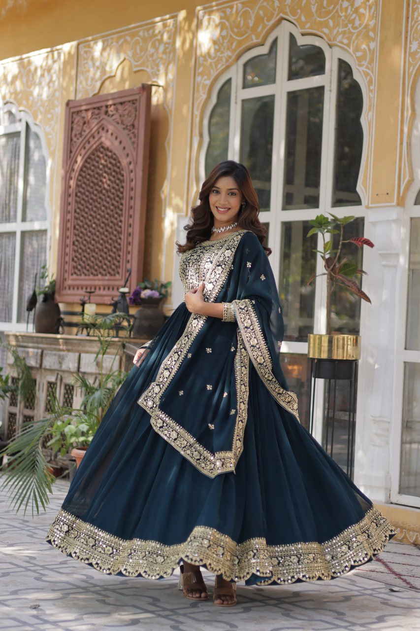 Sonakshi Women's Rama Faux Blooming Embroidered Beads Sequins Work Anarkali Gown Set With Dupatta