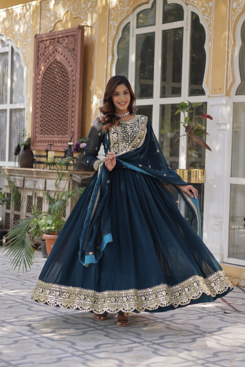 Sonakshi Women's Rama Faux Blooming Embroidered Beads Sequins Work Anarkali Gown Set With Dupatta