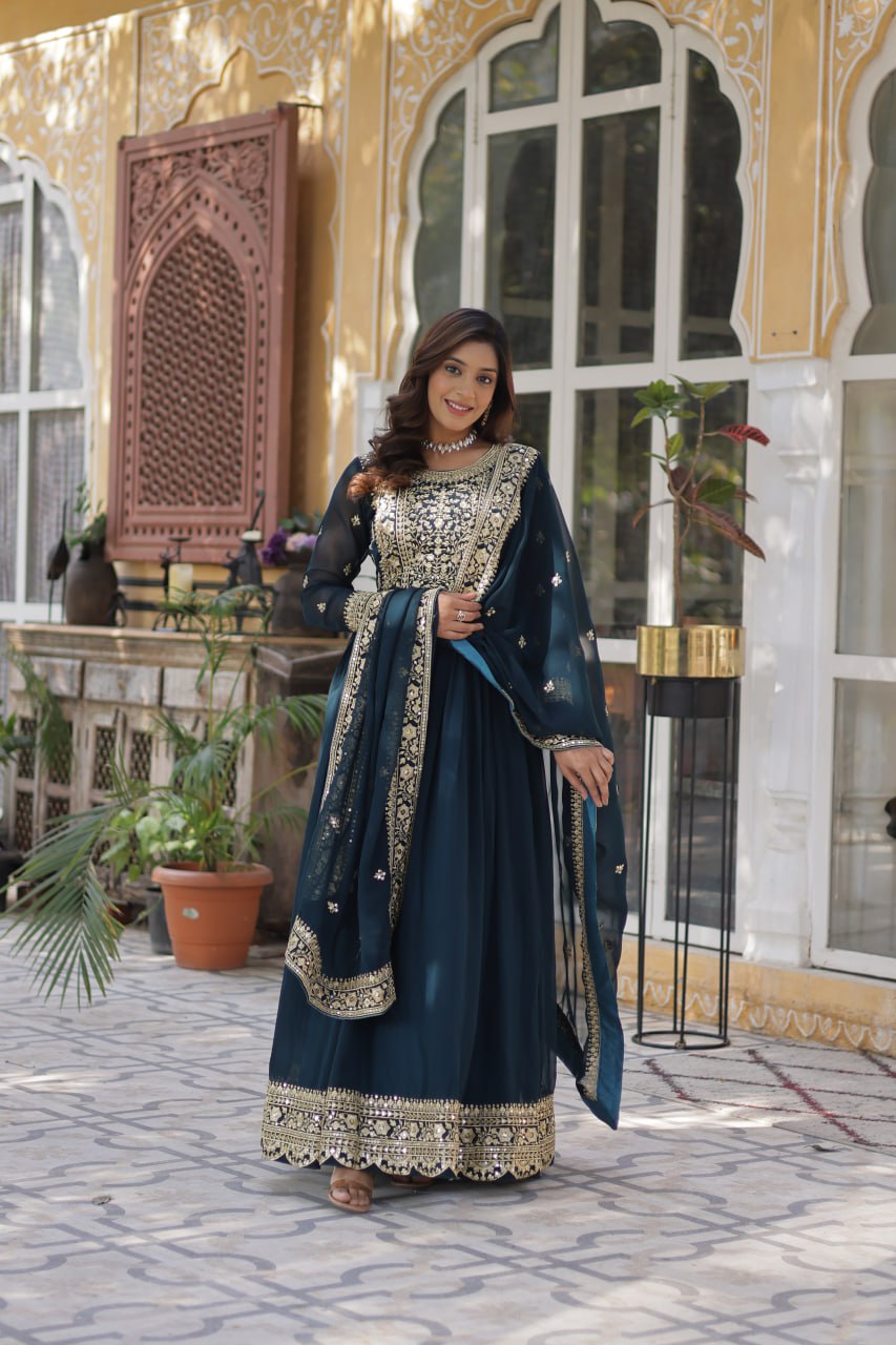 Sonakshi Women's Rama Faux Blooming Embroidered Beads Sequins Work Anarkali Gown Set With Dupatta