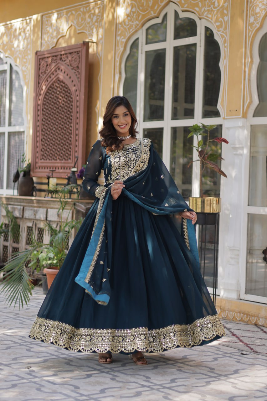 Sonakshi Women's Rama Faux Blooming Embroidered Beads Sequins Work Anarkali Gown Set With Dupatta