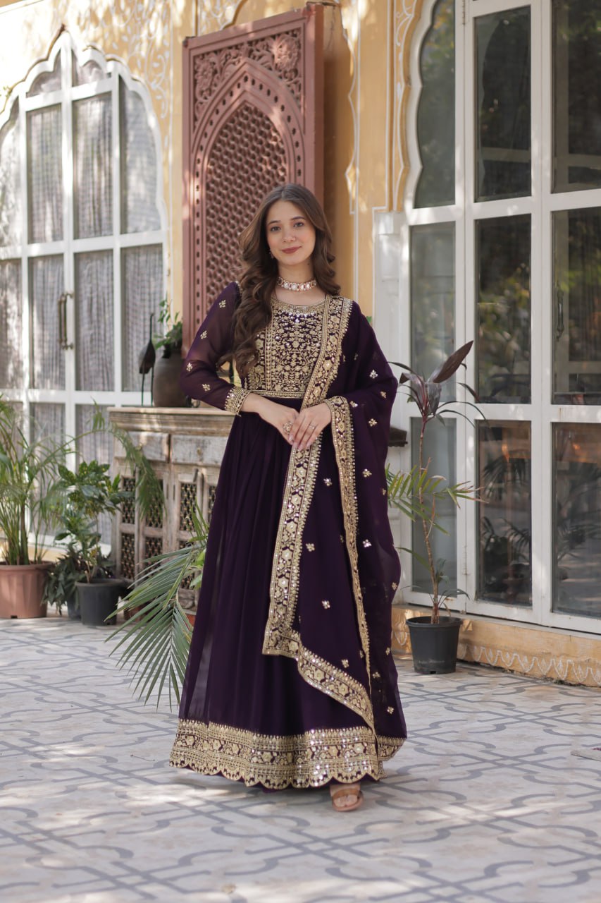 Sonakshi Women's Wine Faux Blooming Embroidered Beads Sequins Work Anarkali Gown Set With Dupatta
