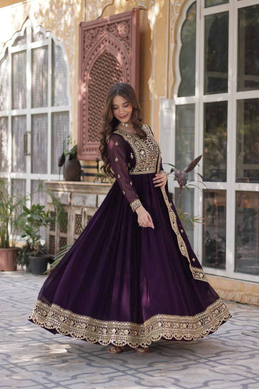 Sonakshi Women's Wine Faux Blooming Embroidered Beads Sequins Work Anarkali Gown Set With Dupatta