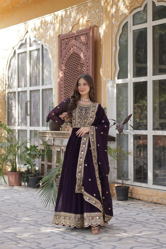 Sonakshi Women's Wine Faux Blooming Embroidered Beads Sequins Work Anarkali Gown Set With Dupatta