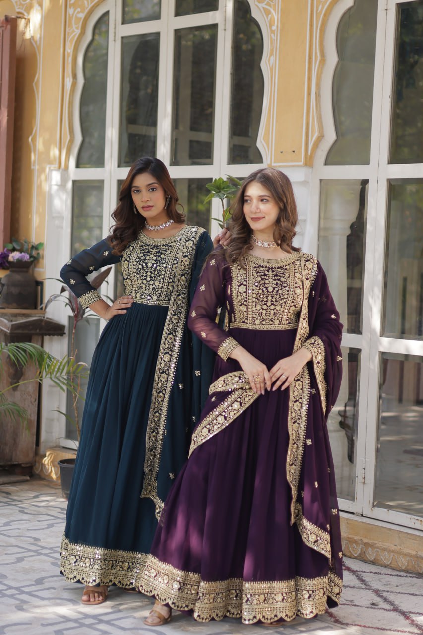 Sonakshi Women's Rama & Wine Faux Blooming Embroidered Beads Sequins Work Anarkali Gown Set With Dupatta