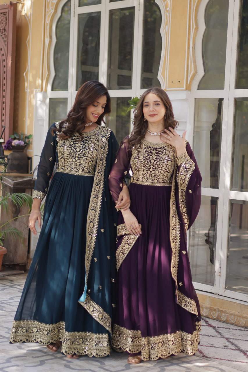 Sonakshi Women's Rama & Wine Faux Blooming Embroidered Beads Sequins Work Anarkali Gown Set With Dupatta