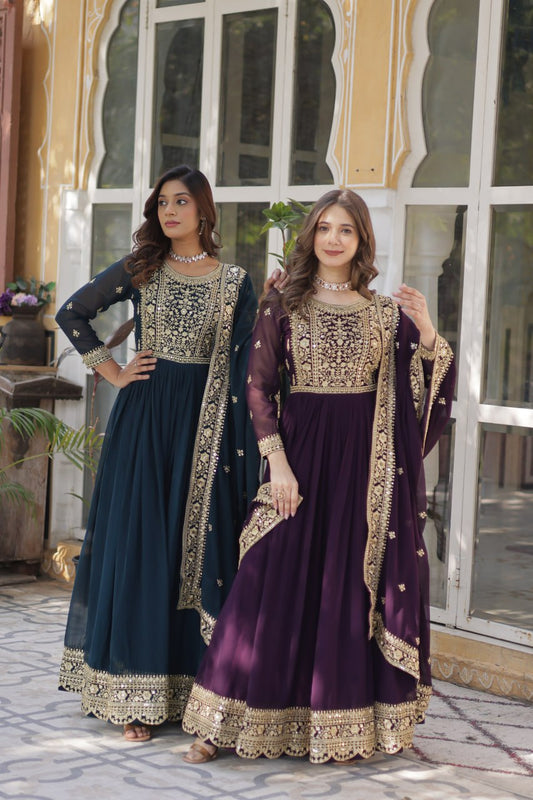 Sonakshi Women's Rama & Wine Faux Blooming Embroidered Beads Sequins Work Anarkali Gown Set With Dupatta