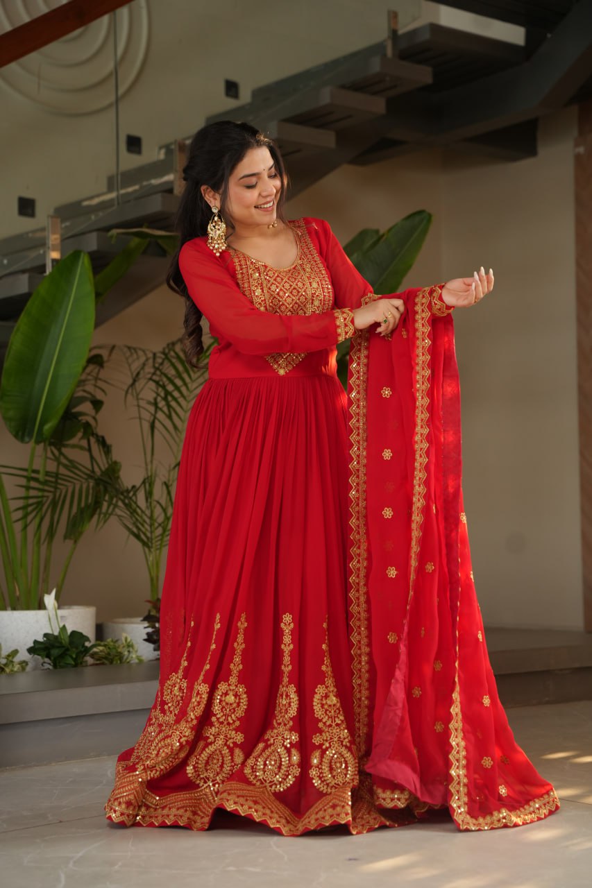 Sonakshi Women's Red Faux Blooming Embroidered Zari Sequence Work Anarkali Gown Set With Dupatta