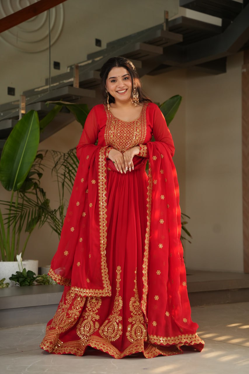 Sonakshi Women's Red Faux Blooming Embroidered Zari Sequence Work Anarkali Gown Set With Dupatta
