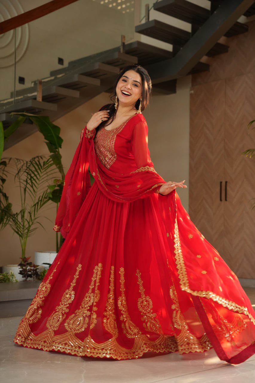 Sonakshi Women's Red Faux Blooming Embroidered Zari Sequence Work Anarkali Gown Set With Dupatta