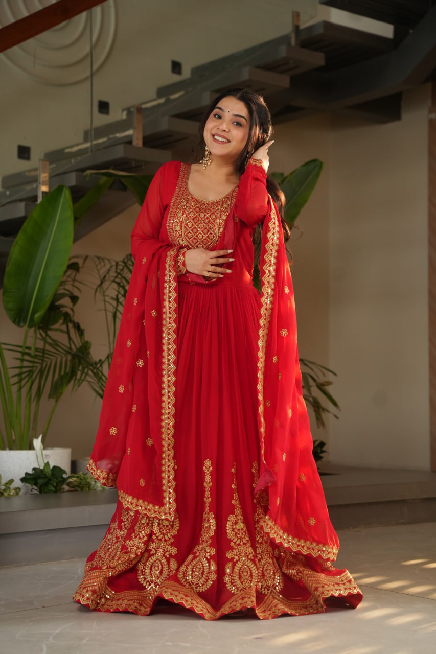 Sonakshi Women's Red Faux Blooming Embroidered Zari Sequence Work Anarkali Gown Set With Dupatta