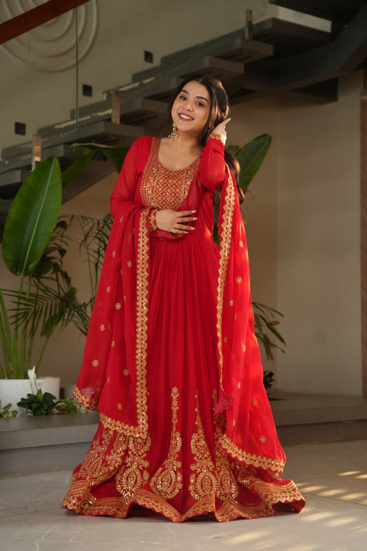 Sonakshi Women's Red Faux Blooming Embroidered Zari Sequence Work Anarkali Gown Set With Dupatta