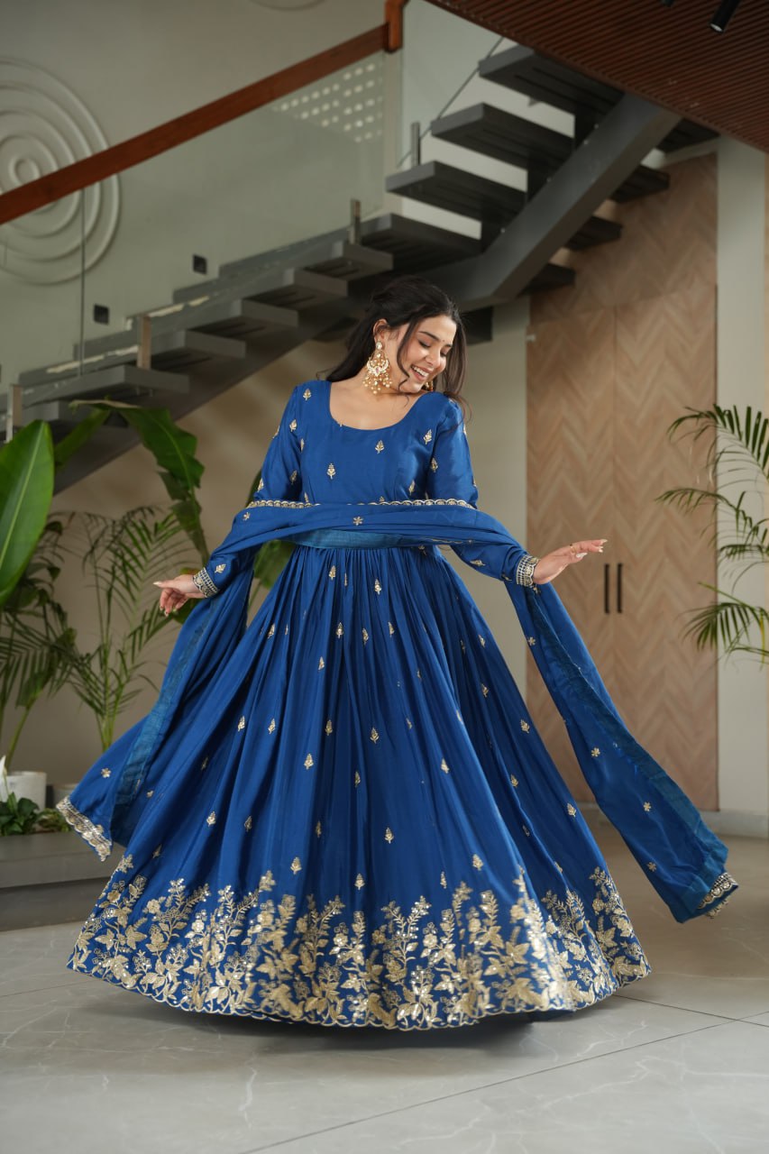 Sonakshi Women's Blue Chinnon Embroidered Zari Sequence Work Anarkali Gown Set With Dupatta